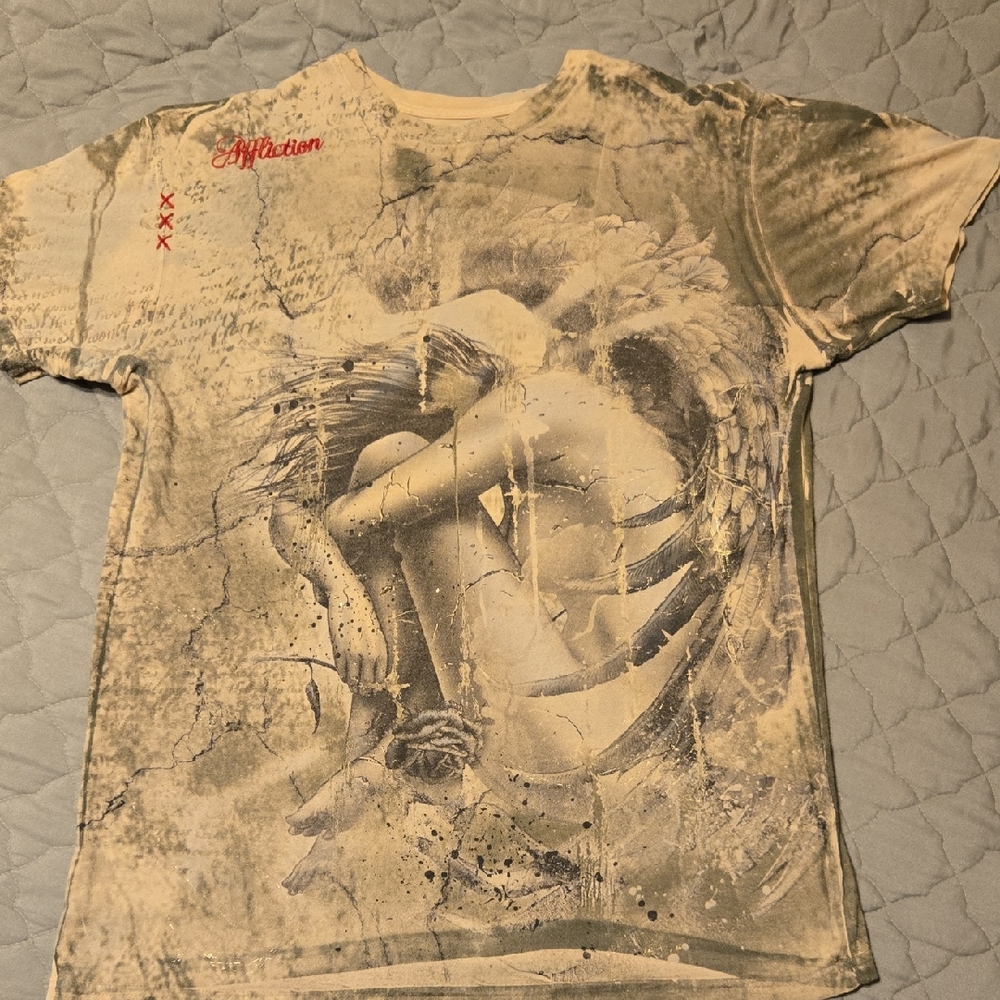 Affliction Bamboo Graphic Tee in Tan and Black Angel Holding Rose